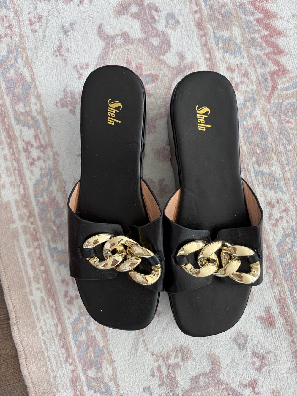 Shein - Black Slide Sandals with Gold Chain Accent